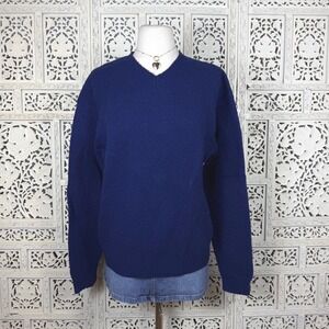 Vtg Navy Blue J Crew 100% Wool V Neck Long Sleeve Preppy Granny Sweater Sz M